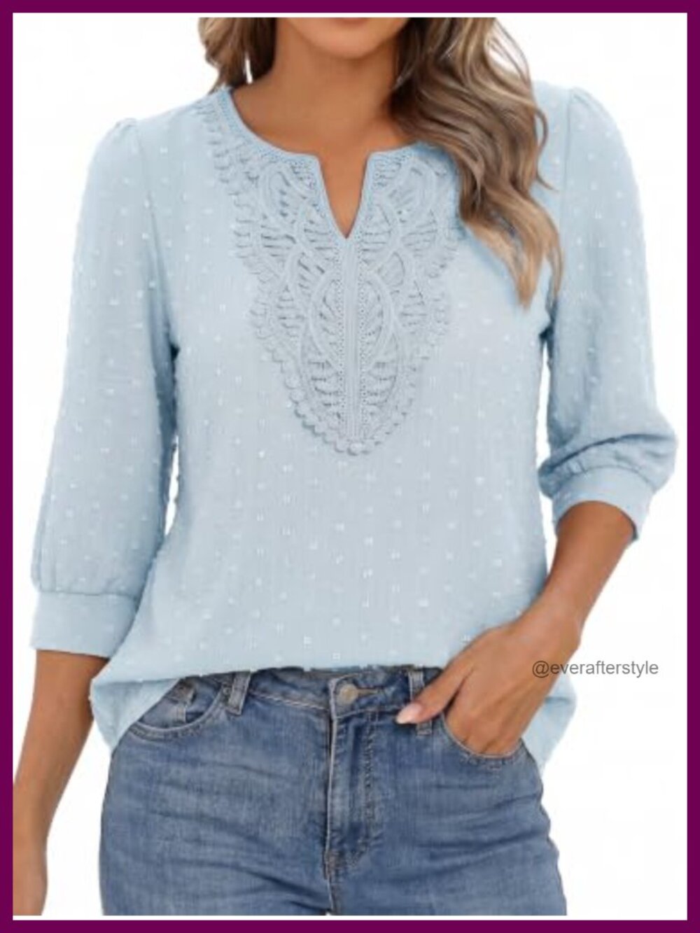 Boho Womens Blouse 3/4 Sleeve V Neck Swiss Dot Lace Casual Dressy Top